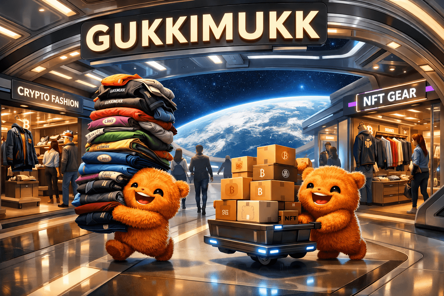 The Gukkimukk space mall — Earth visible through the viewport